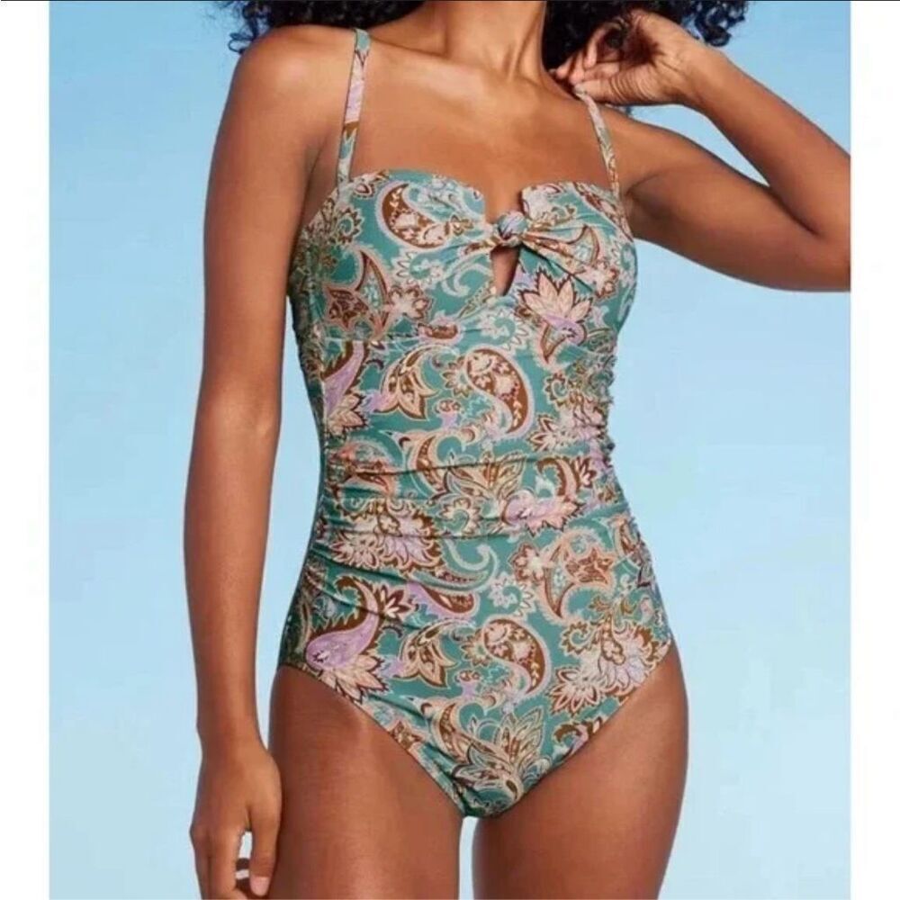 Shade and Shore Teal Shirred Bandeau One Piece Swimsuit Size Small